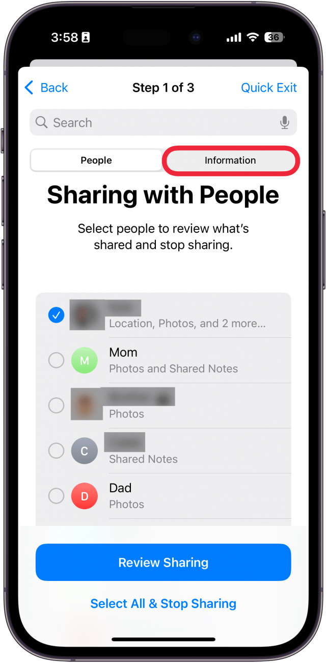 iphone manage sharing and access displaying a list of contacts with a red box around information tab