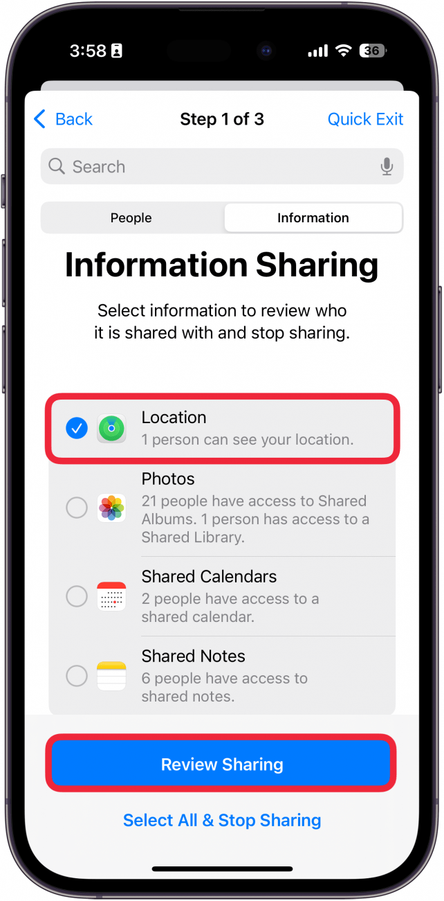 iphone manage sharing and access contact information tab with a red box around location and a red box around review sharing