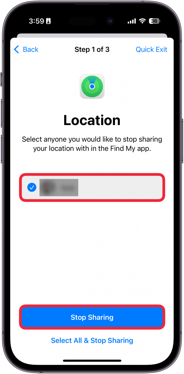 iphone manage sharing and access location sharing with a red box around a contact and a red box around stop sharing