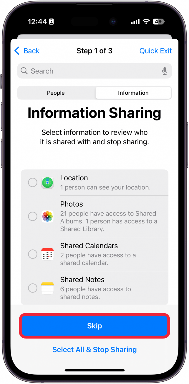 iphone manage sharing and access contact information tab with a red box around skip