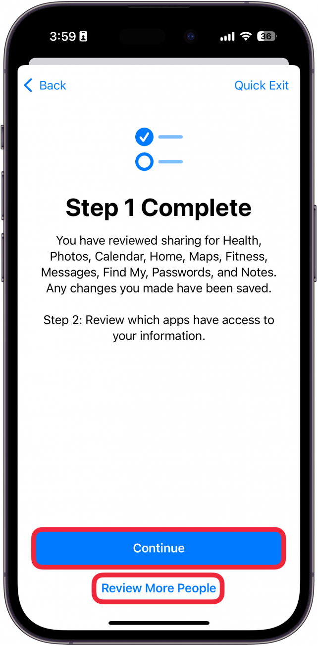 iphone manage sharing and access displaying a screen that step 1 is complete and red box around around continue and review more people