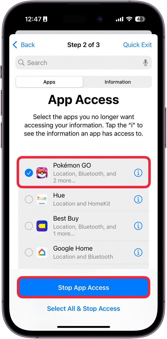 iphone manage sharing and access app access screen with a red box around pokemon go and a red box around stop app access