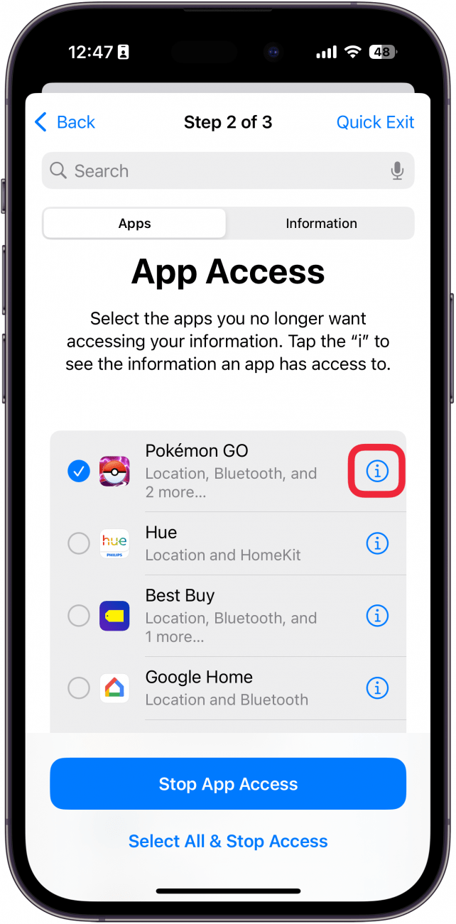 iphone manage sharing and access app access screen with a red box around information icon