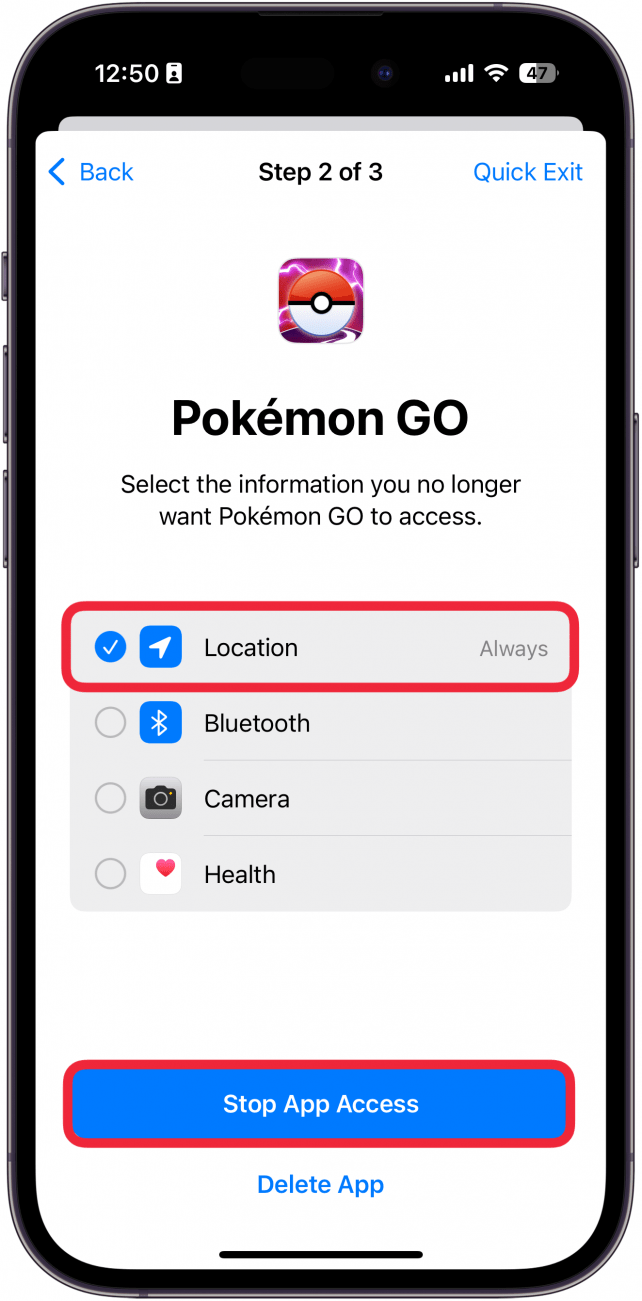 iphone manage sharing and access app access screen displaying pokemon go details with a red box around location and a red box around stop app access