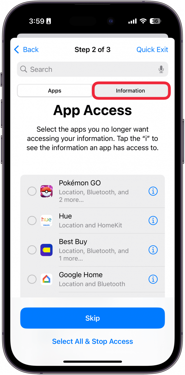 iphone manage sharing and access app access screen with a red box around information tab