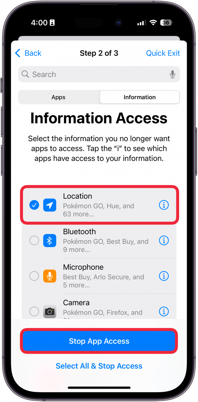 iphone manage sharing and access app access information tab with a red box around location and a red box around stop app access