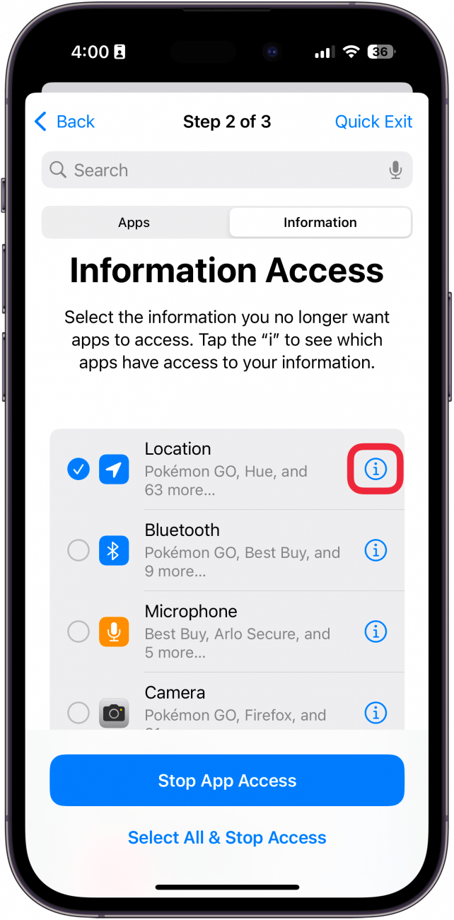 iphone manage sharing and access app access information tab with a red box around information icon