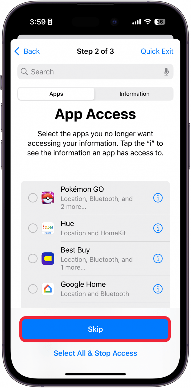 iphone manage sharing and access displaying a list of apps that have access to the user's location, with a red box around skip