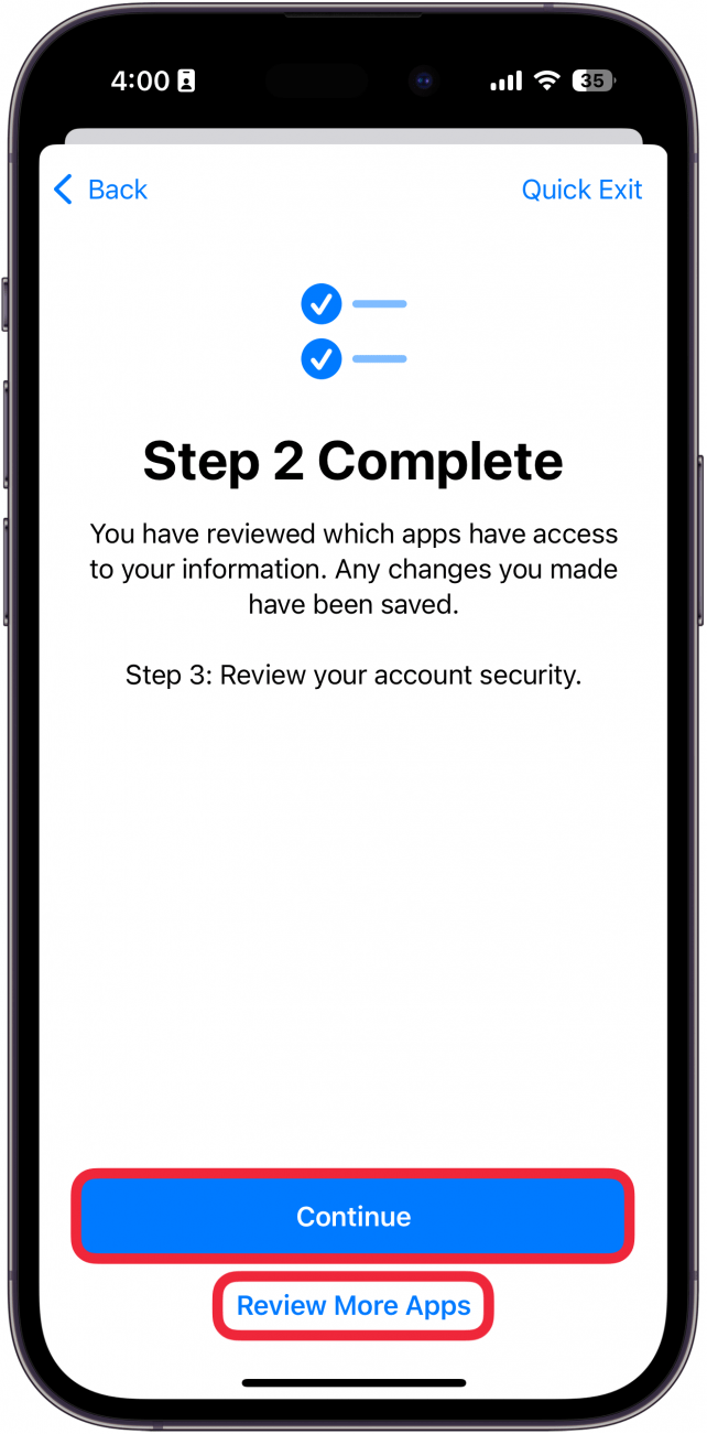 iphone manage sharing and access displaying a screen indicating that step 2 is complete, with a red box around continue and review more apps