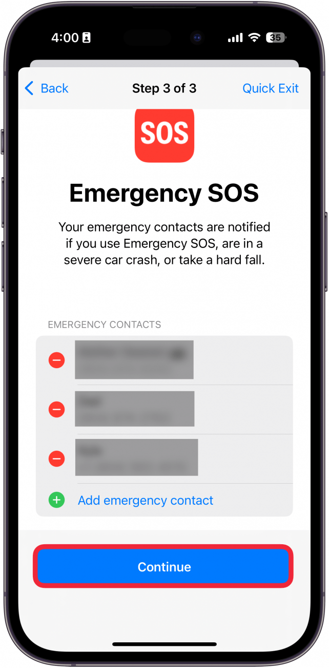 iphone manage sharing and access displaying emergency contacts, with a red box around continue