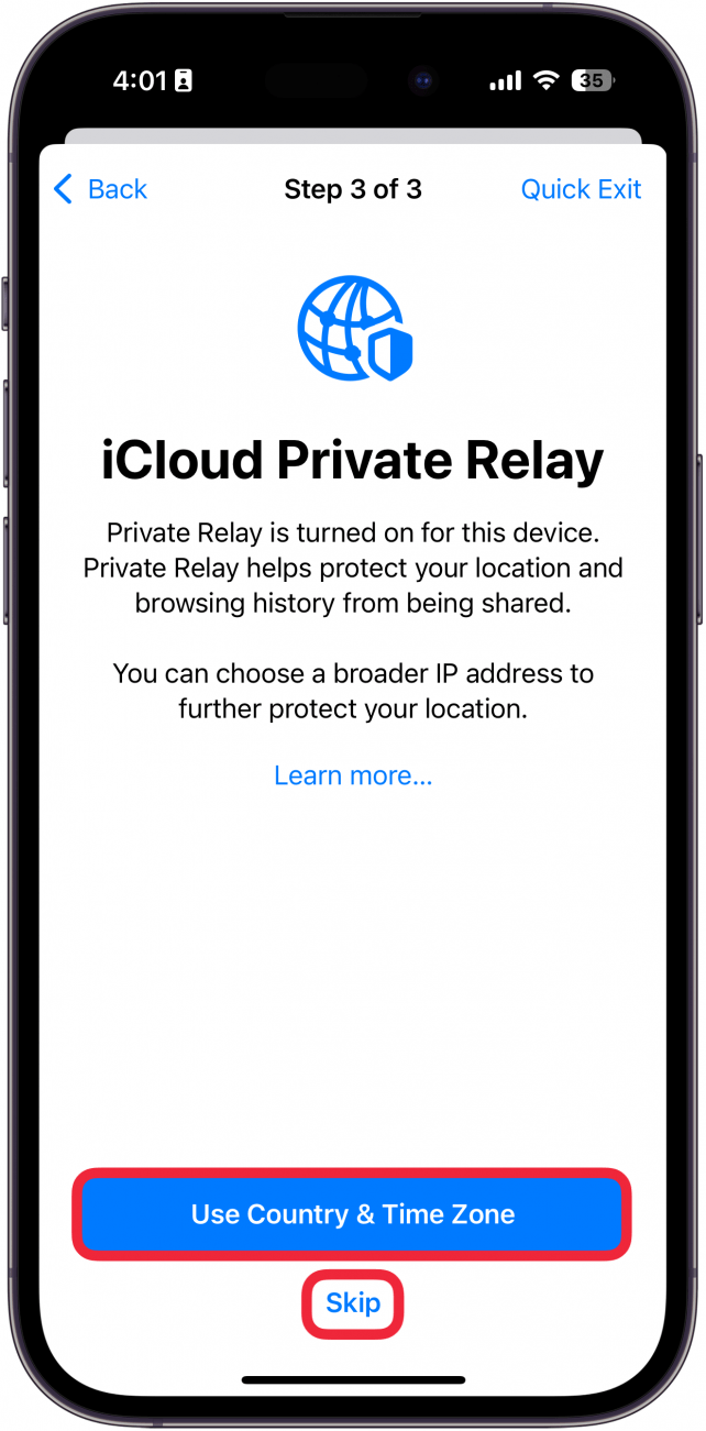 iphone manage sharing and access icloud private relay screen with a red box around use country and time zone and a red box around skip