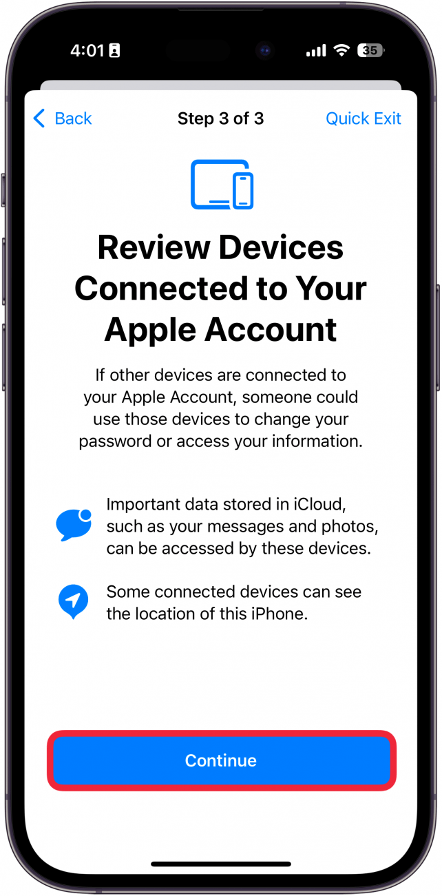 iphone manage sharing and access review devices screen with a red box around continue