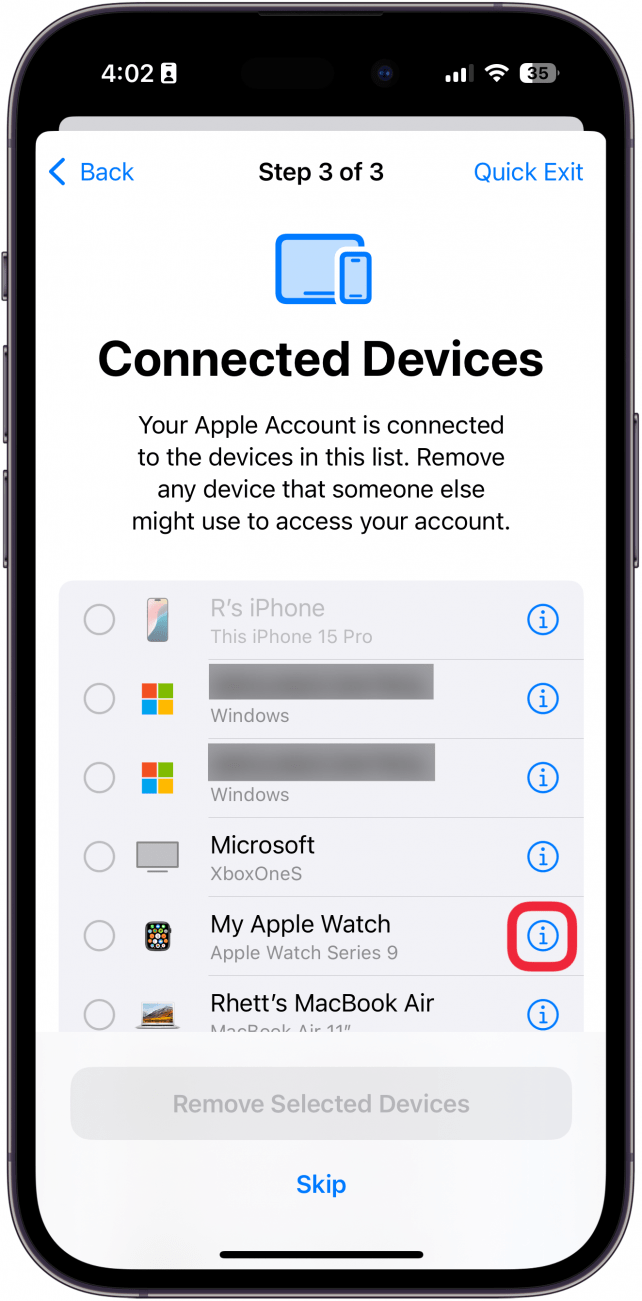 iphone manage sharing and access connected devices screen with a red box around information icon