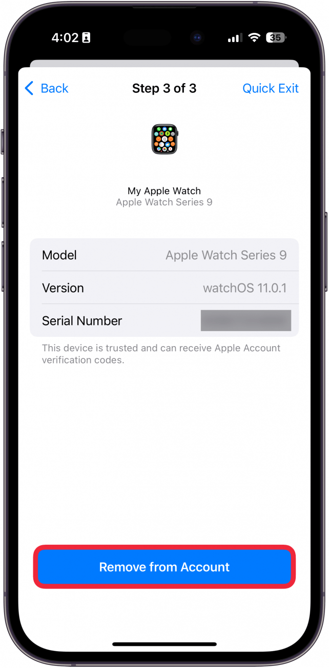 iphone manage sharing and access displaying details for an apple watch with a red box around remove from account 