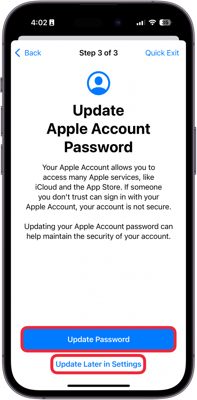 iphone manage sharing and access update password screen with a red box around update password and a red box around update later in settings