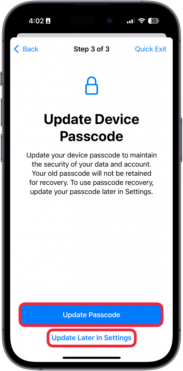 iphone manage sharing and access update passcode screen with a red box around update passcode and a red box around update later in settings