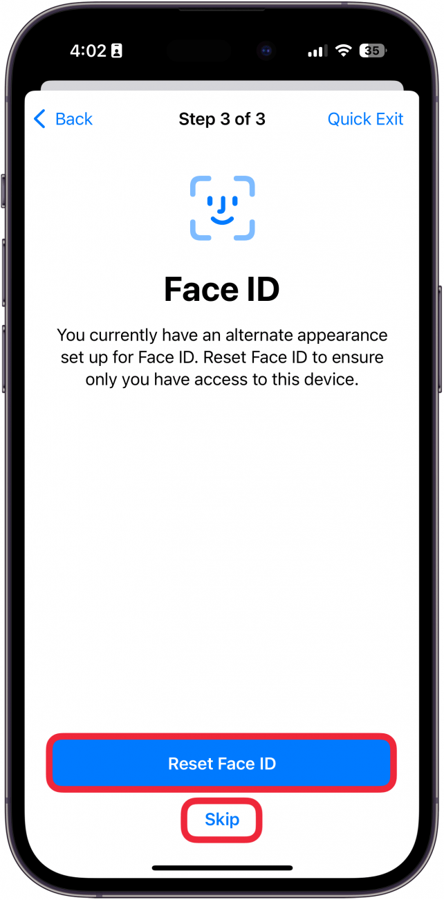 iphone manage sharing and access reset face id screen with a red box around reset face id and a red box around skip