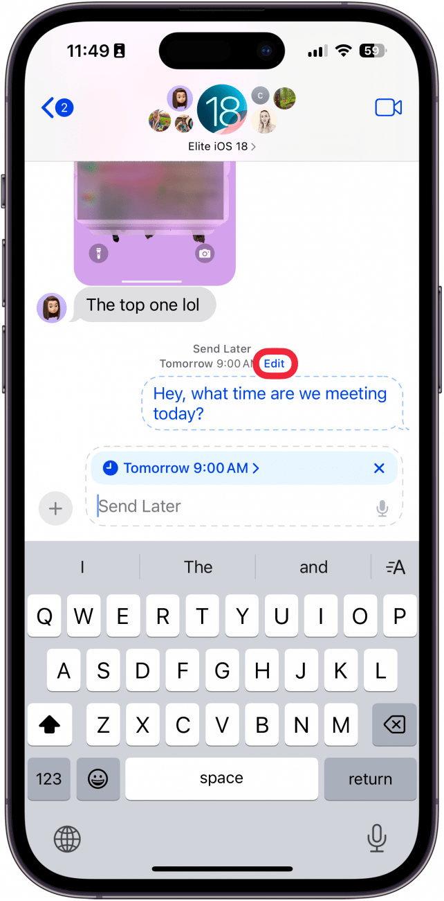 iphone messages app with a send later message with a red box around the edit button