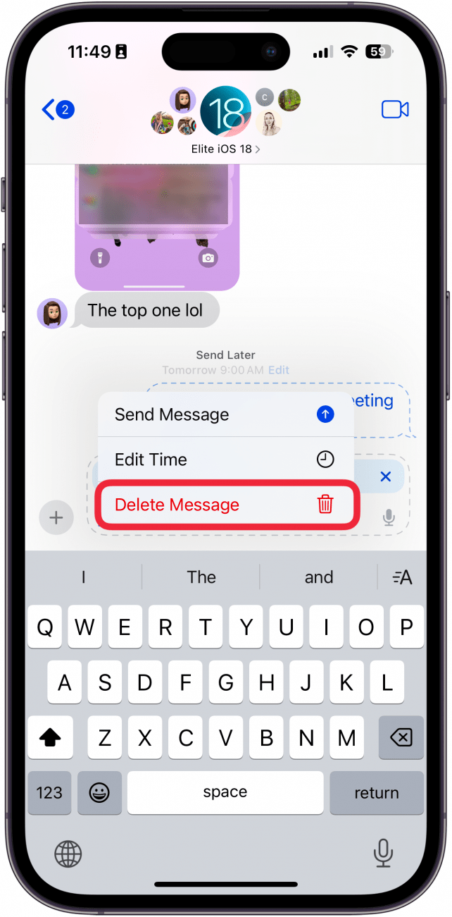 iphone messages app with a send later message displaying a menu with a red box around the delete message button