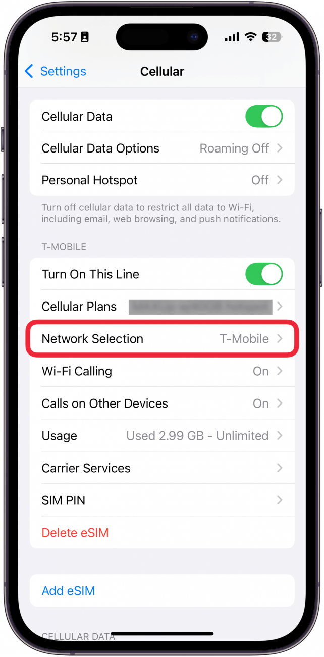 iphone cellular settings with a red box around network selection