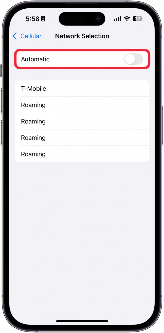 iphone network selection settings with a red box around automatic toggle which is grayed out