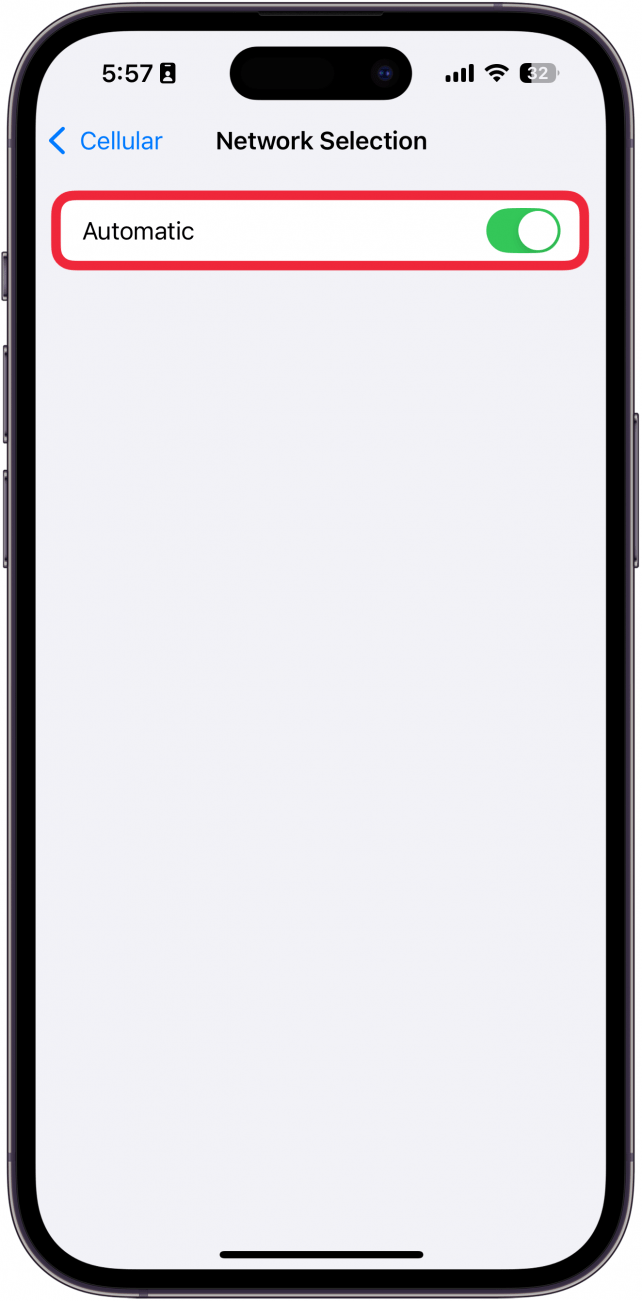iphone network selection settings with a red box around automatic toggle which is green