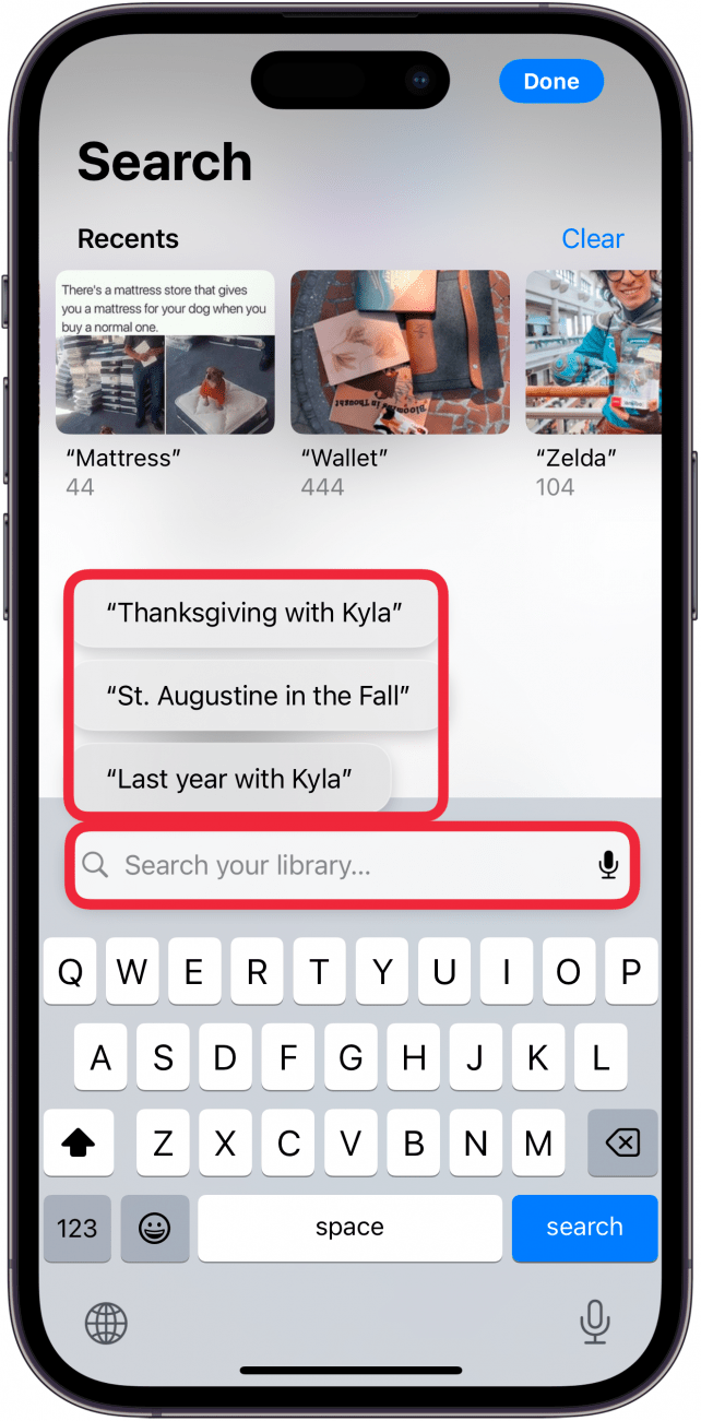 iphone photos app search displaying search suggestions and a red box around the Search bar