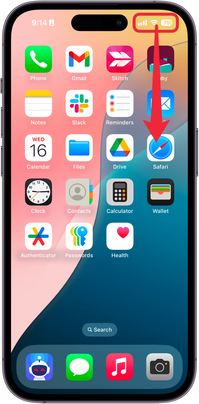 iphone home screen with a red box around status bar and an arrow pointing downward indicating for the user to open the control center