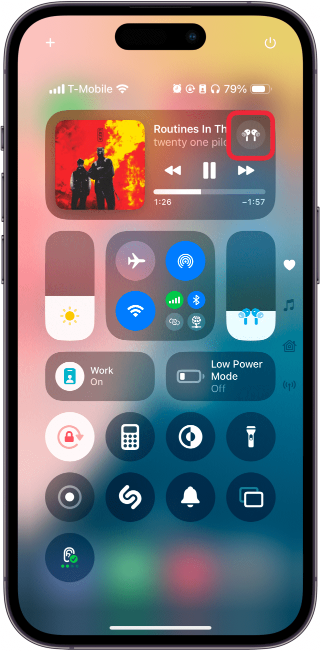 iphone control center with a red box around airpods icon