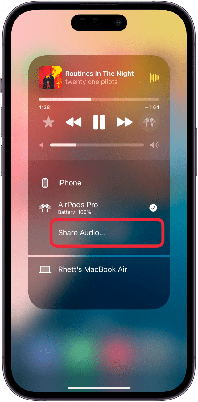 iphone control center audio settings with a red box around share audio button