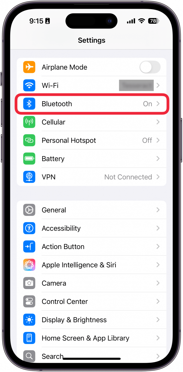 iphone settings app with a red box around bluetooth