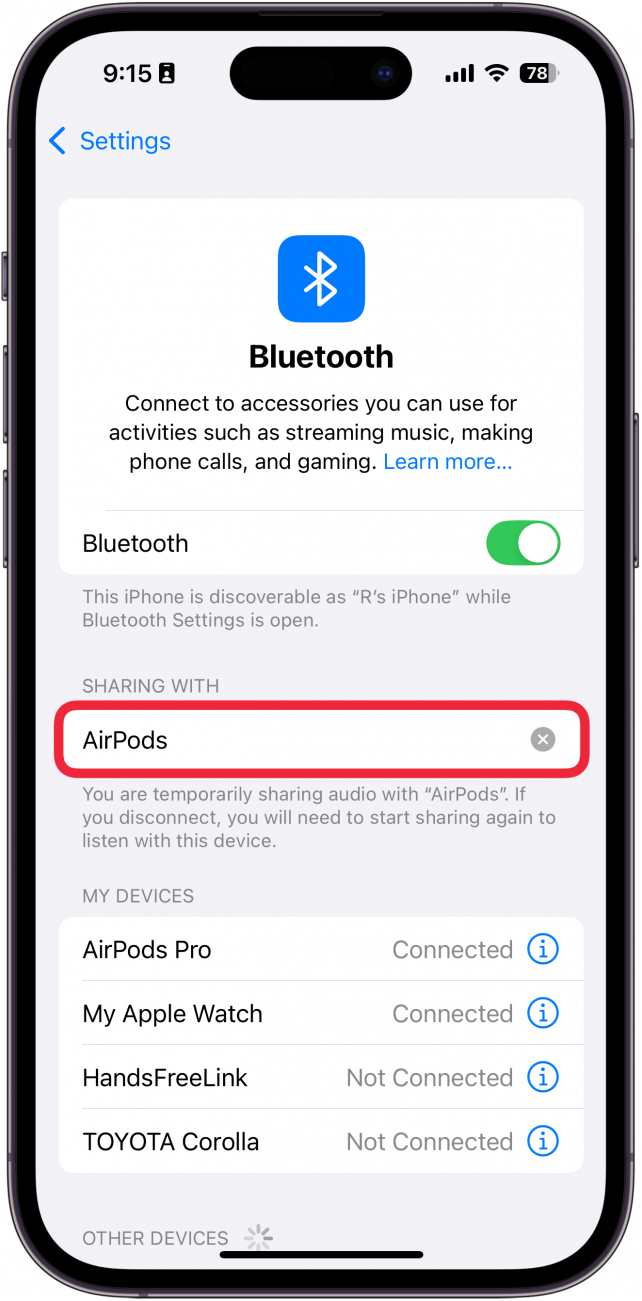 iphone bluetooth settings with a red box around shared airpods