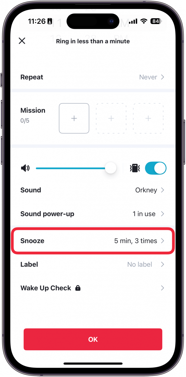 iphone alarmy app create alarm screen with a red box around snooze