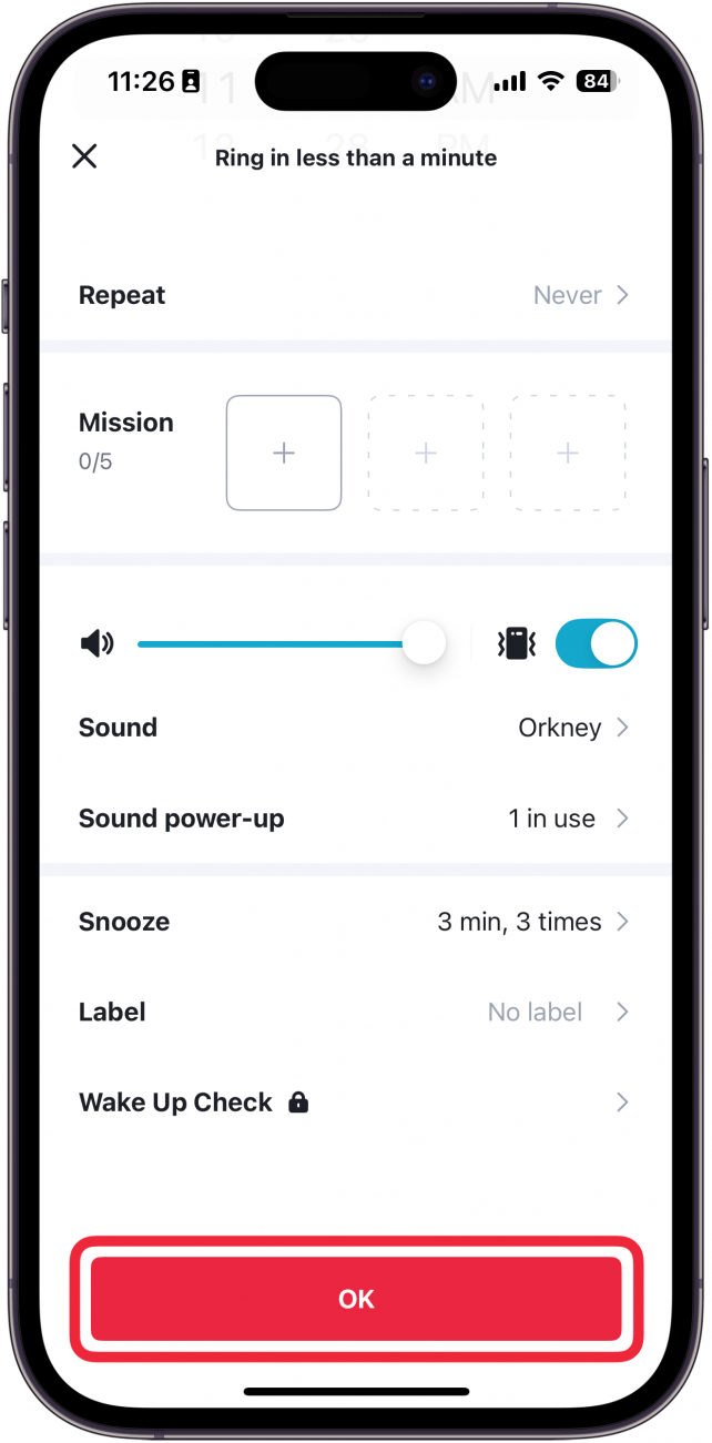 iphone alarmy app create alarm screen with a red box around okay button