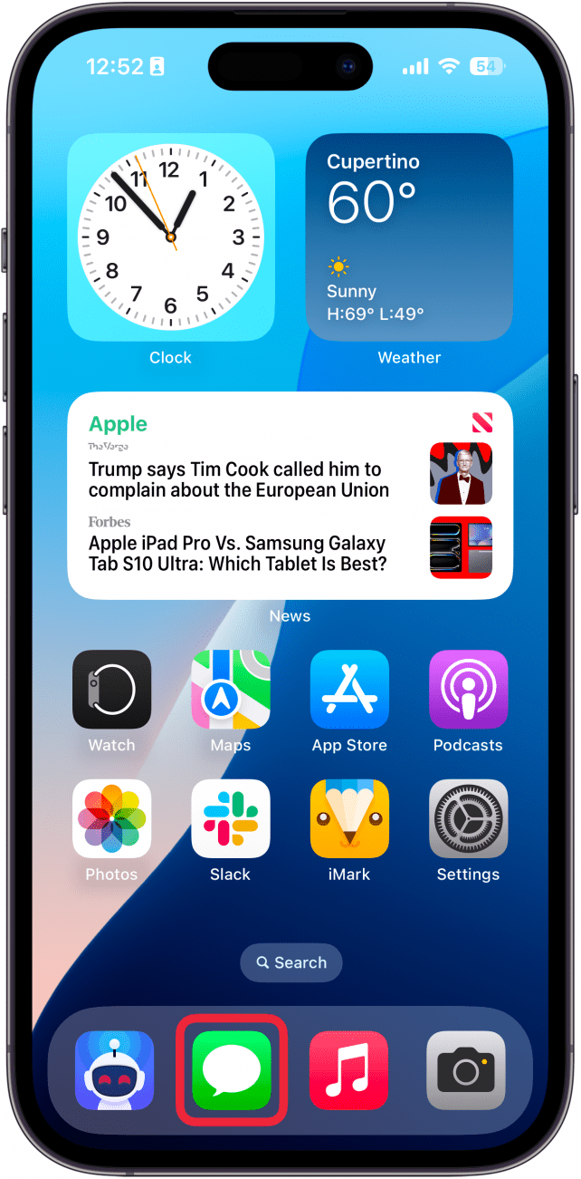 iphone home screen with a red box around messages app