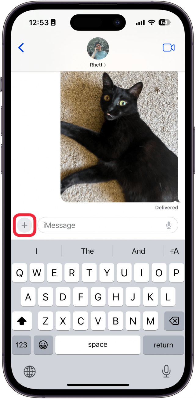 iphone messages app with a red box around plus icon