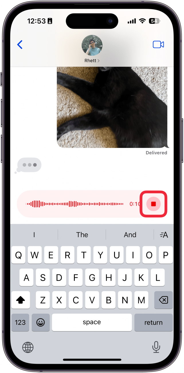 iphone messages app displaying that an audio message is recording with a red box around the stop button
