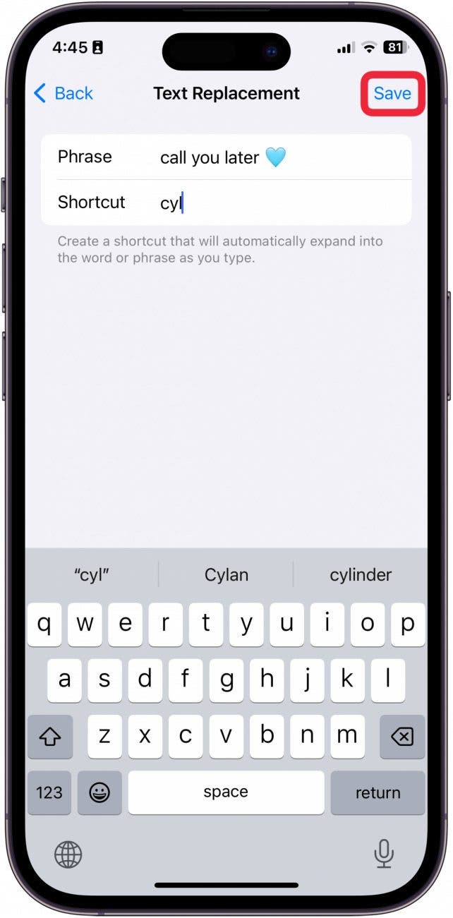 iphone keyboard shortcut