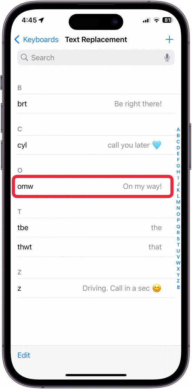 iphone text shortcut