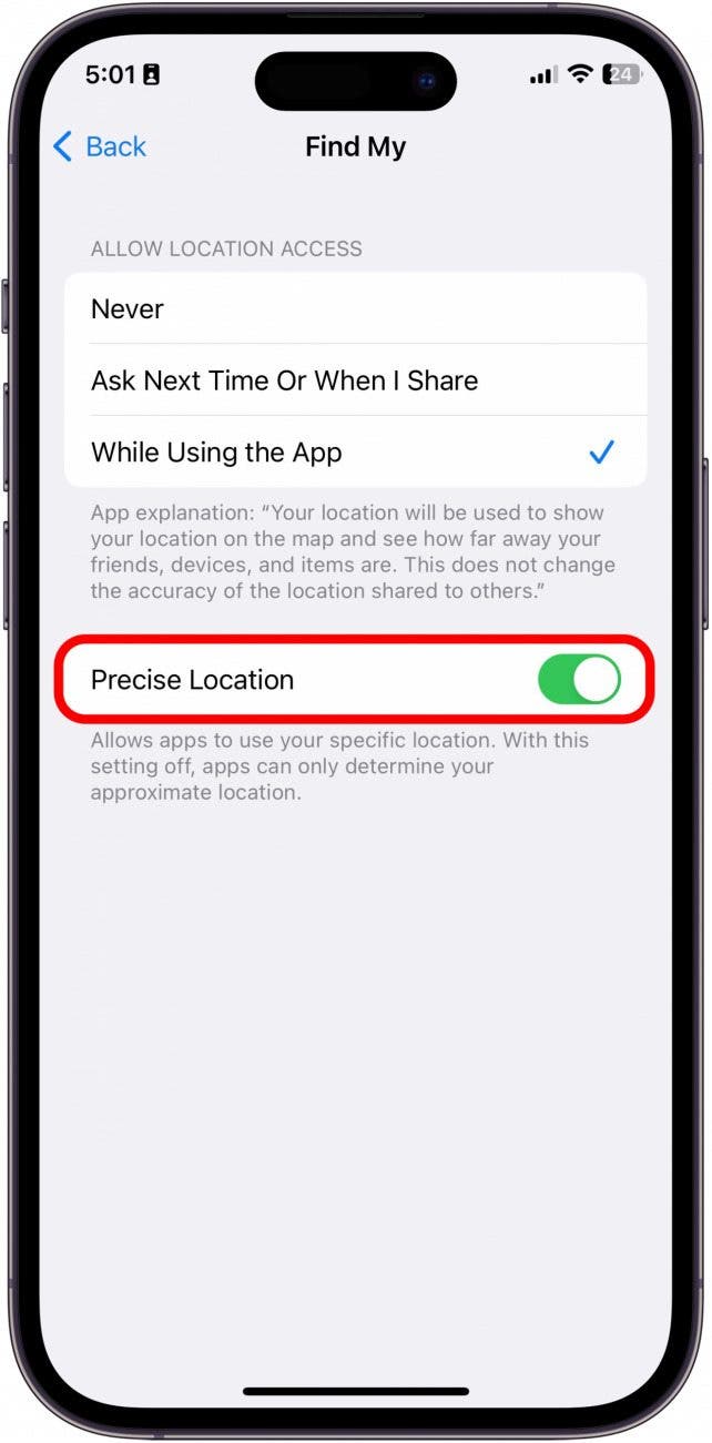 Then, toggle on Precise Location. It will be green when enabled.