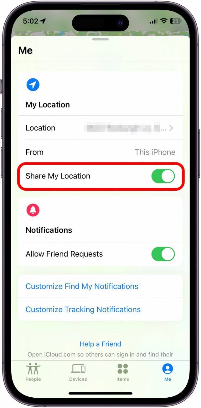 Toggle Share My Location to on. It will be green when enabled.