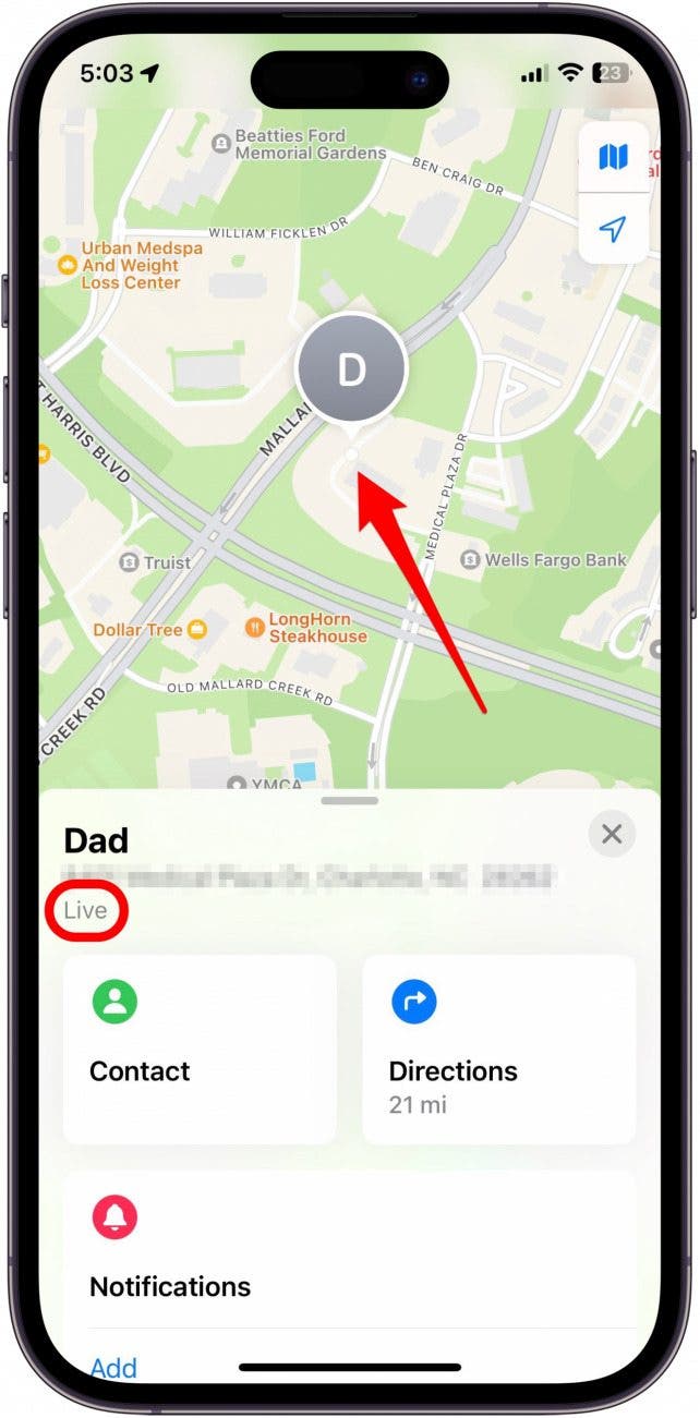 From here, you will notice the small "Live" caption under the person's name and address of location. You will be able to watch as the contact moves on the map.