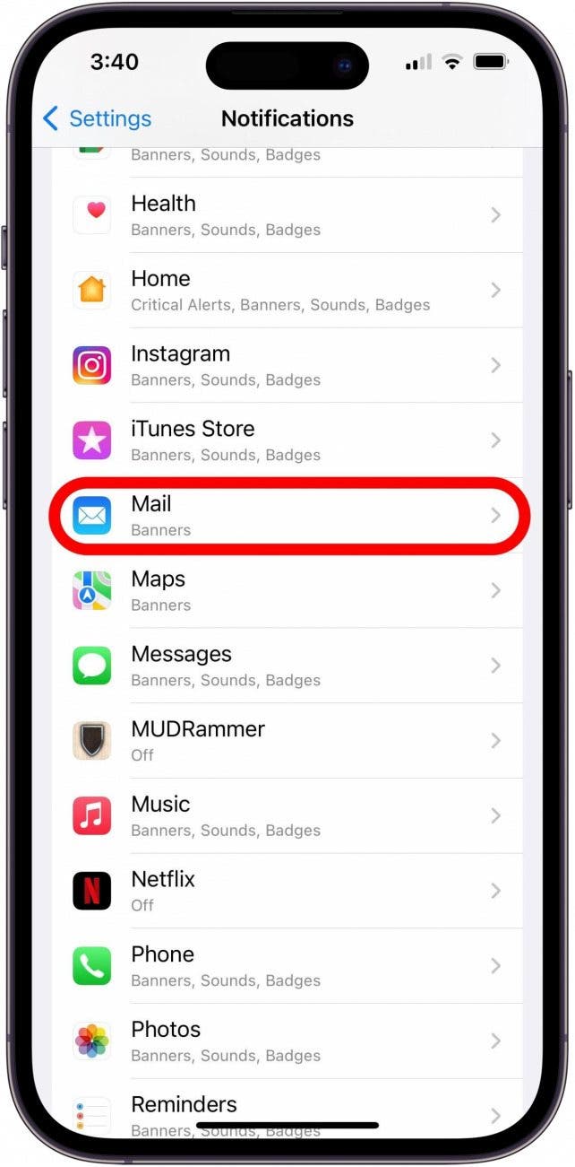 Notifications settings screen with Mail app marked in the app list.