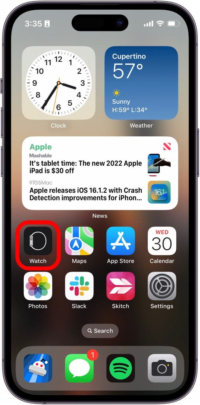 iphone home screen with watch app circled in red