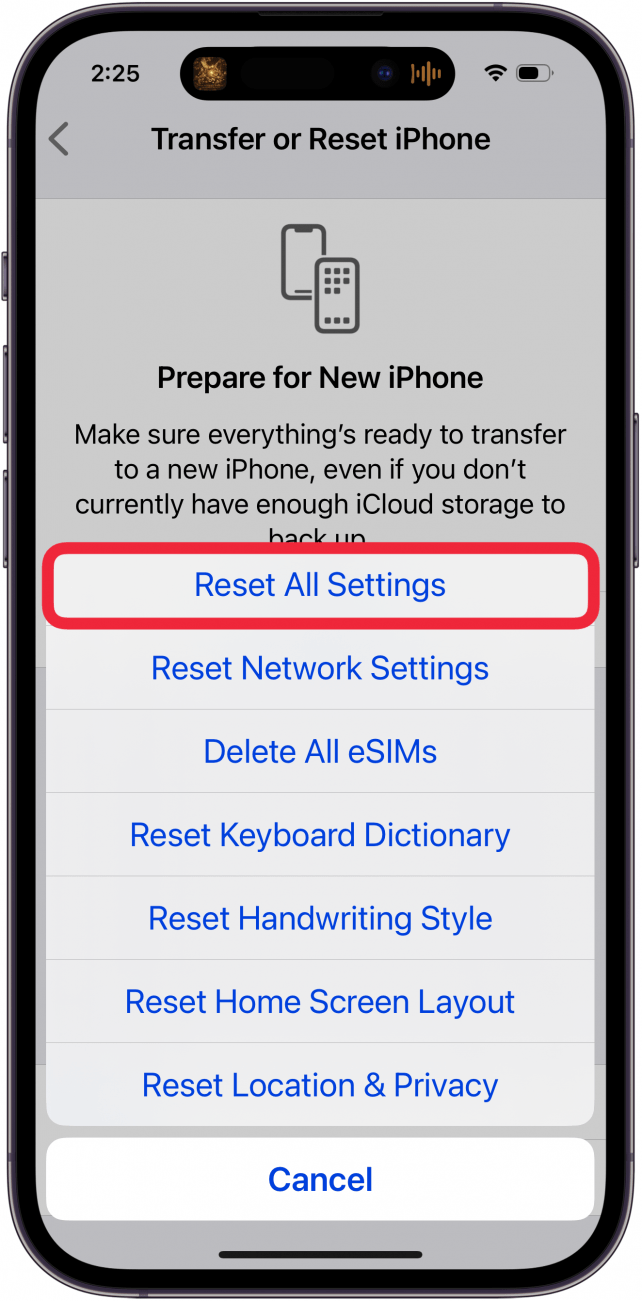 reset all settings on iphone