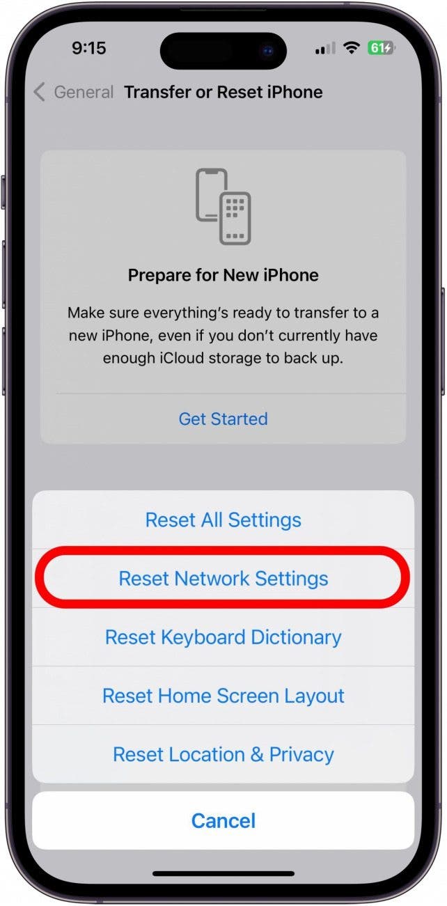 Transfer or Reset iPhone screen with Reset menu open and Reset Network Settings option marked.