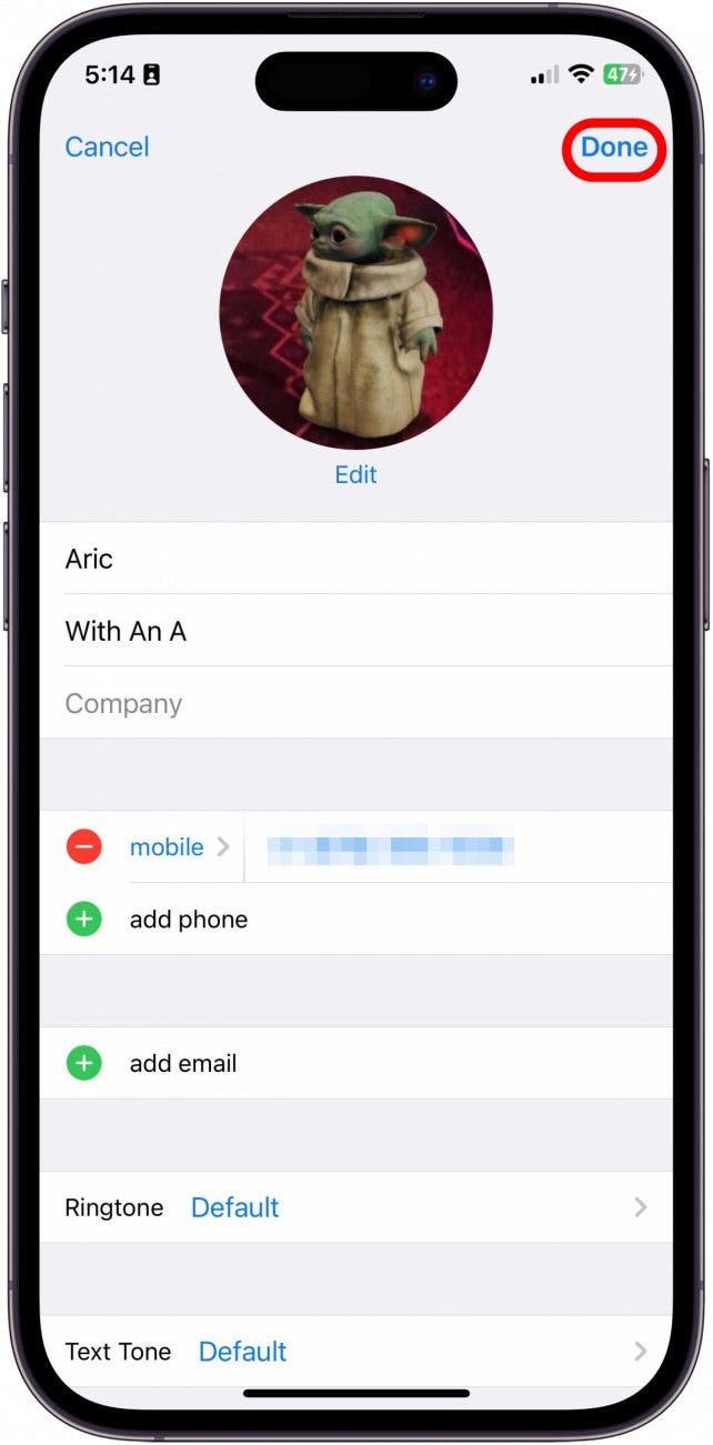 Tap Done to save your changes to the contact.