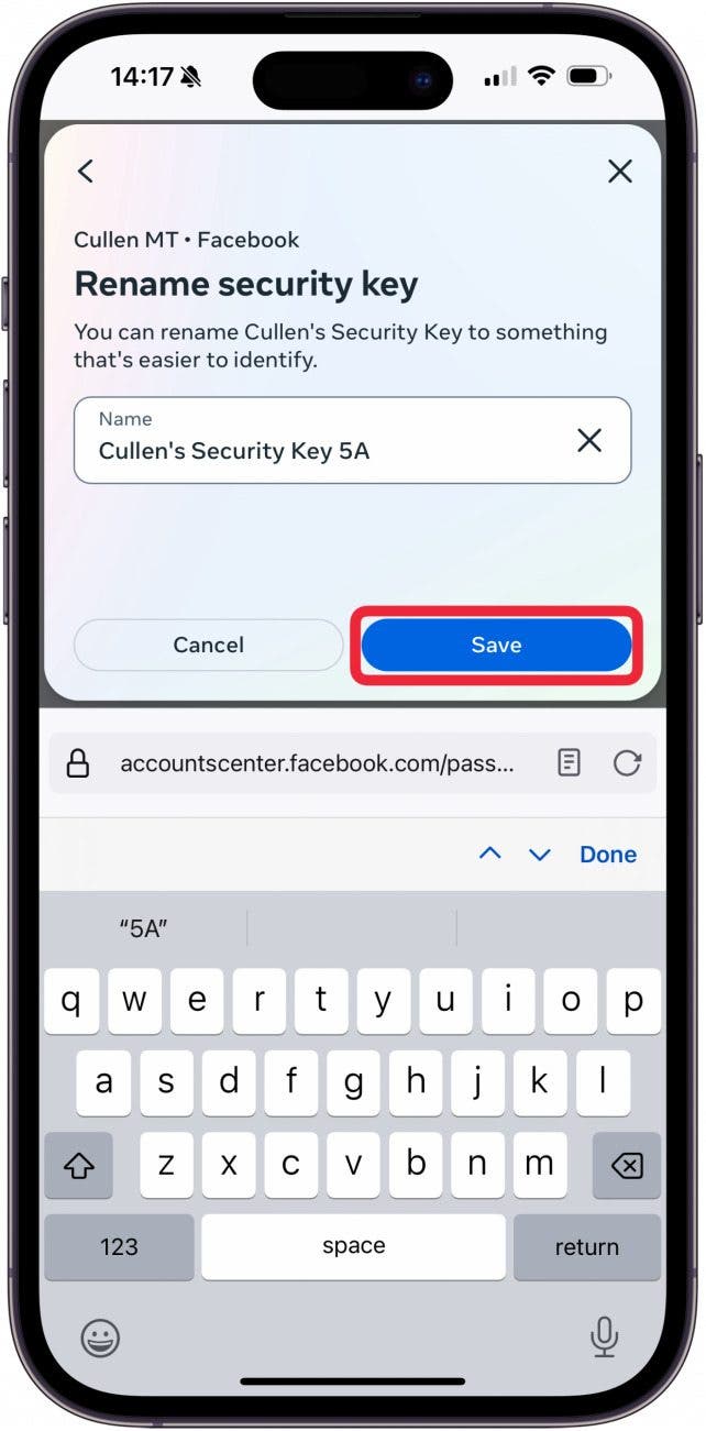 security key for facebook password