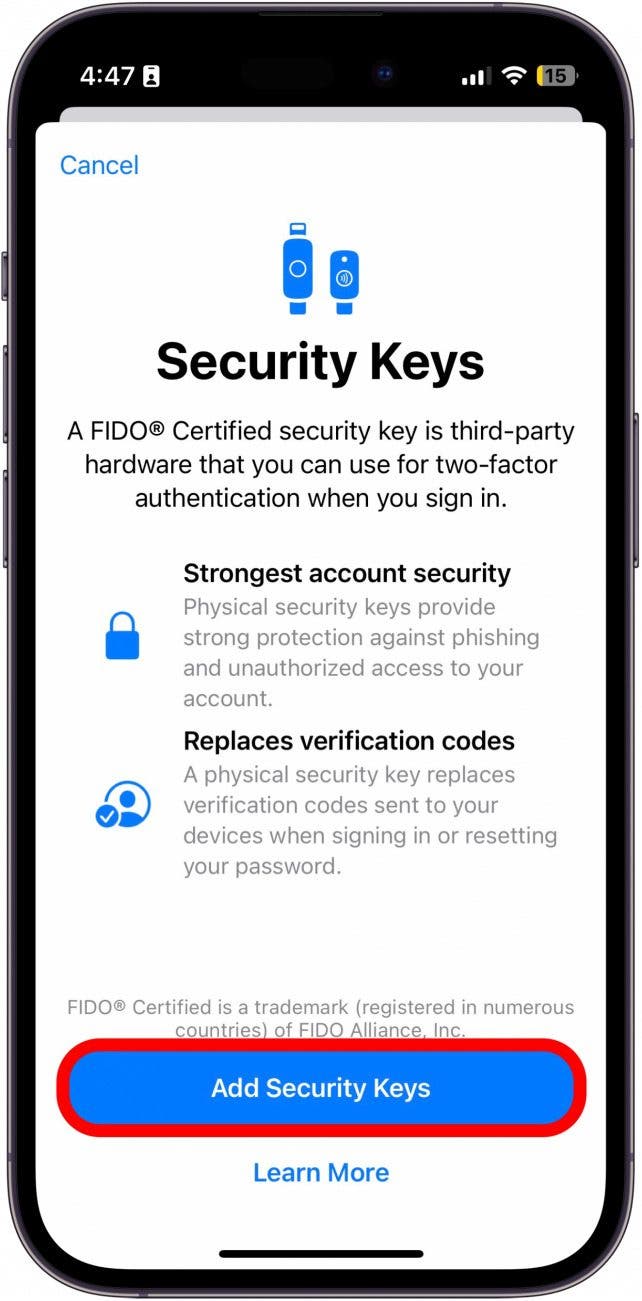 Tap Add Security Keys.