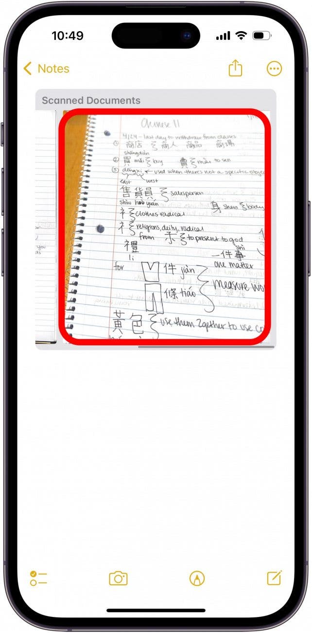 a scanned image of a lined notebook page circled in red.